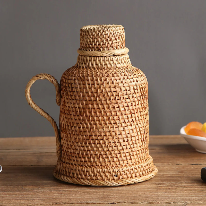 Termo de ratán tejido a mano de 1L para té o café, jarra térmica vintage, botella de agua caliente, termo, jarra térmica, tetera termo