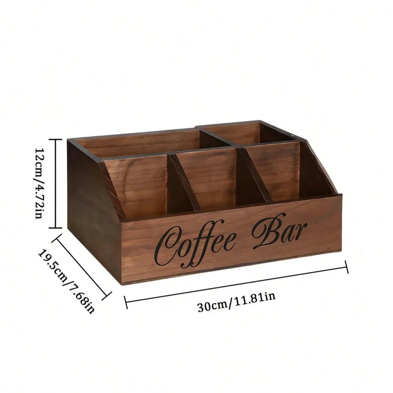 Organizador de café de madera con 5 compartimentos, caja de almacenamiento rústica para encimera para cápsulas de café, tazas y cucharas, decoración de cocina