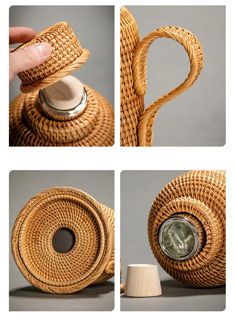 Termo de ratán tejido a mano de 1L para té o café, jarra térmica vintage, botella de agua caliente, termo, jarra térmica, tetera termo