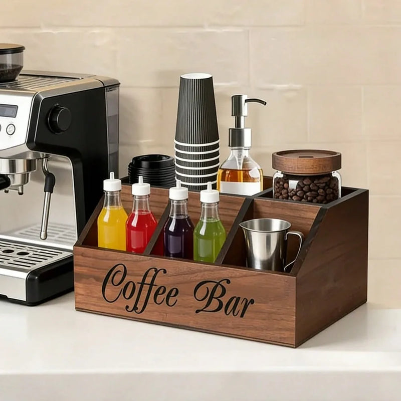 Organizador de café de madera con 5 compartimentos, caja de almacenamiento rústica para encimera para cápsulas de café, tazas y cucharas, decoración de cocina