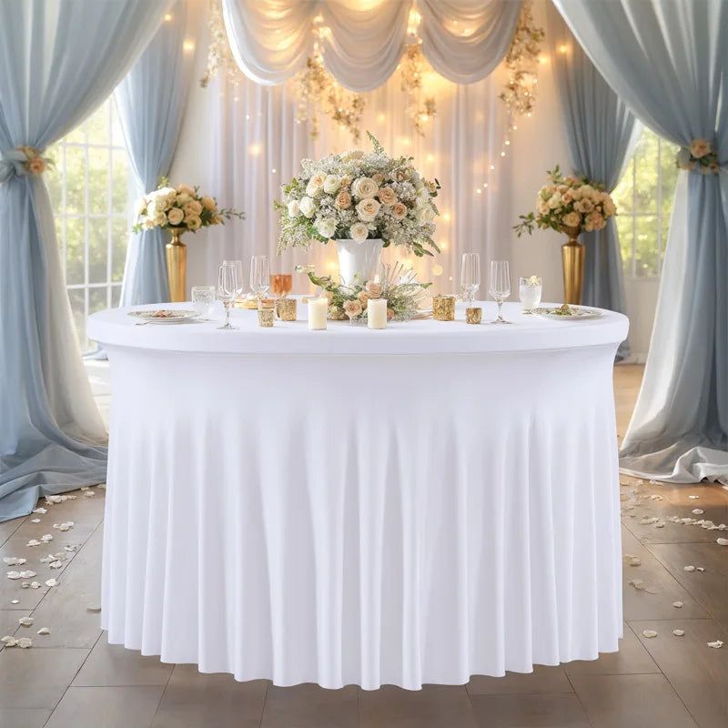 Mantel redondo de elastano blanco para mesa, mantel redondo elástico sin arrugas con falda para bodas y fiestas de cumpleaños
