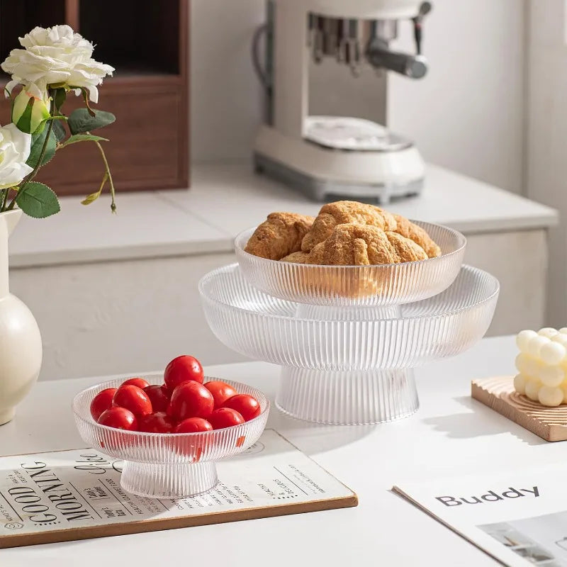 Frutero de cristal elegante, cuenco con pedestal estriado y transparente para frutas, ensaladas, postres y aperitivos, decorativo para mesa de comedor y cocina