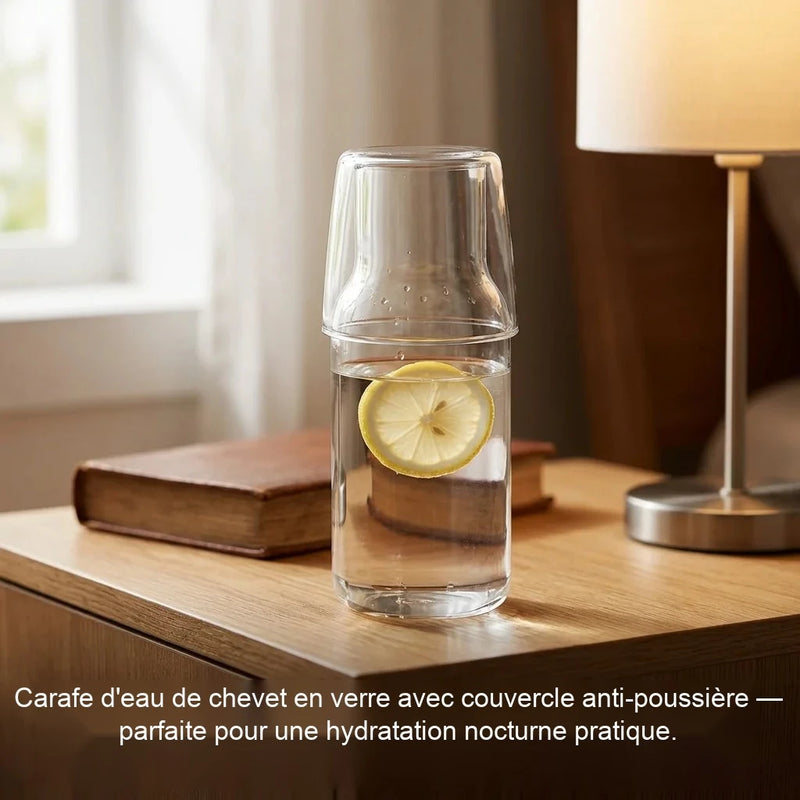 Carafe d'eau de chevet en verre avec couvercle anti-poussière, sur table de nuit