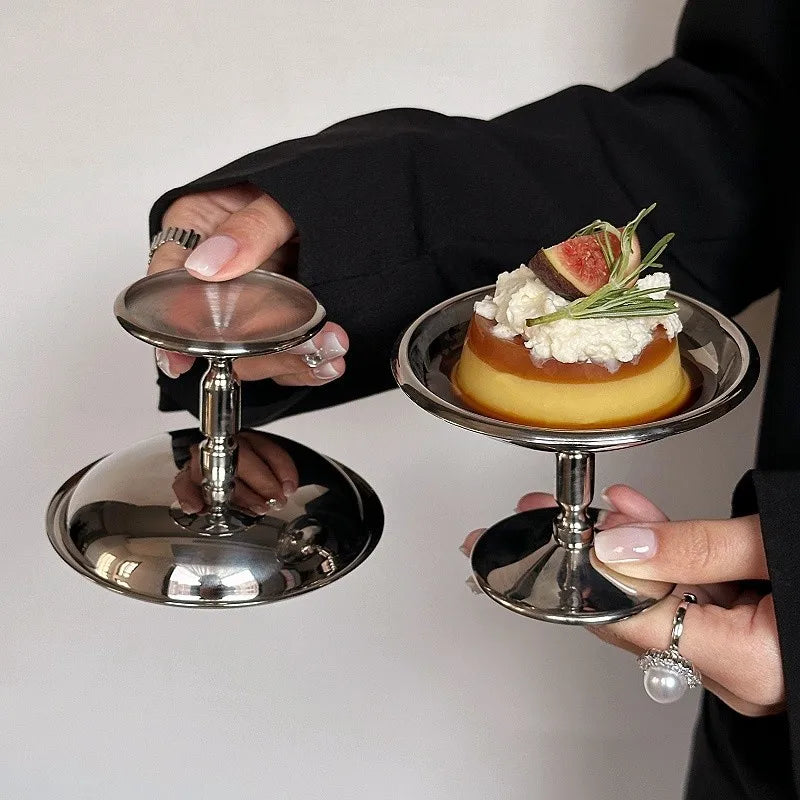 Plato de postre de acero inoxidable, bandeja para pasteles, taza de helado, taza alta, plato para té, bocadillos, pudín, frutas, platos bonitos, decoración de mesa