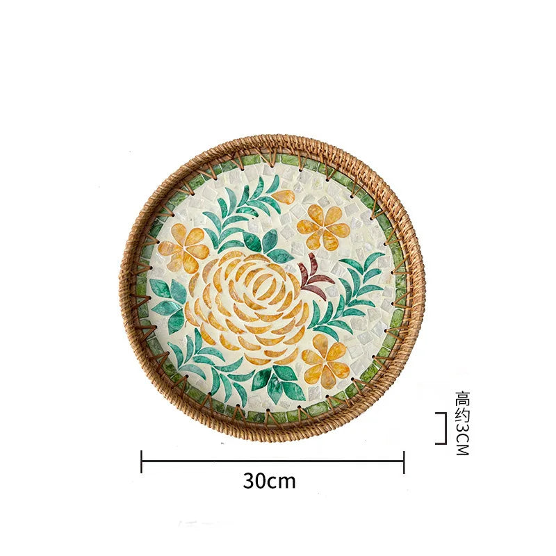 Bandeja redonda de ratán hecha a mano, conchas coloridas, bandeja de almacenamiento, invitados en casa, comedor, decoración de mesa, decoración del hogar