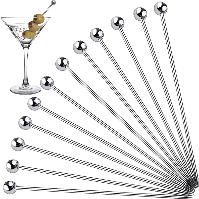 12 piezas de púas de cóctel de acero inoxidable, herramientas de bar, palitos para remover bebidas, decoración de bebidas, palitos de fruta reutilizables, púas de cóctel