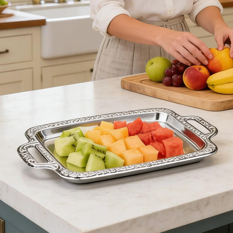 Plateau de Service Inox Argenté Bord Ciselé