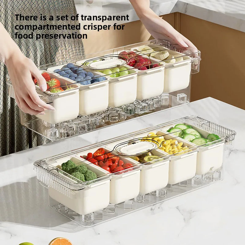 Organizador de condimentos refrigerado con 5 recipientes, servidor de frutas con tapas, bandeja para servir con compartimentos extraíbles