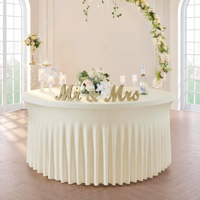 Mantel redondo de elastano blanco para mesa, mantel redondo elástico sin arrugas con falda para bodas y fiestas de cumpleaños