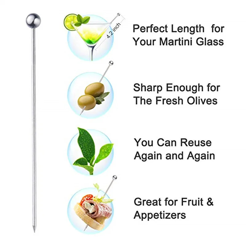 10/50/100 piezas de palillos de acero inoxidable para cócteles, brochetas de frutas, palillos de dientes para fiestas, herramientas de bar, agitadores de bebidas, palillos para martini, artículos para fiestas