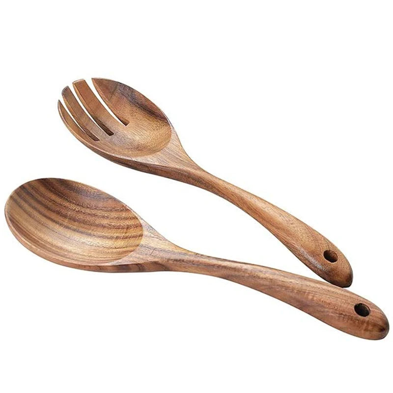 Set de 2 cubiertos para ensalada de acacia, juego de cuchara y tenedor de madera para ensalada - Utensilios de cocina