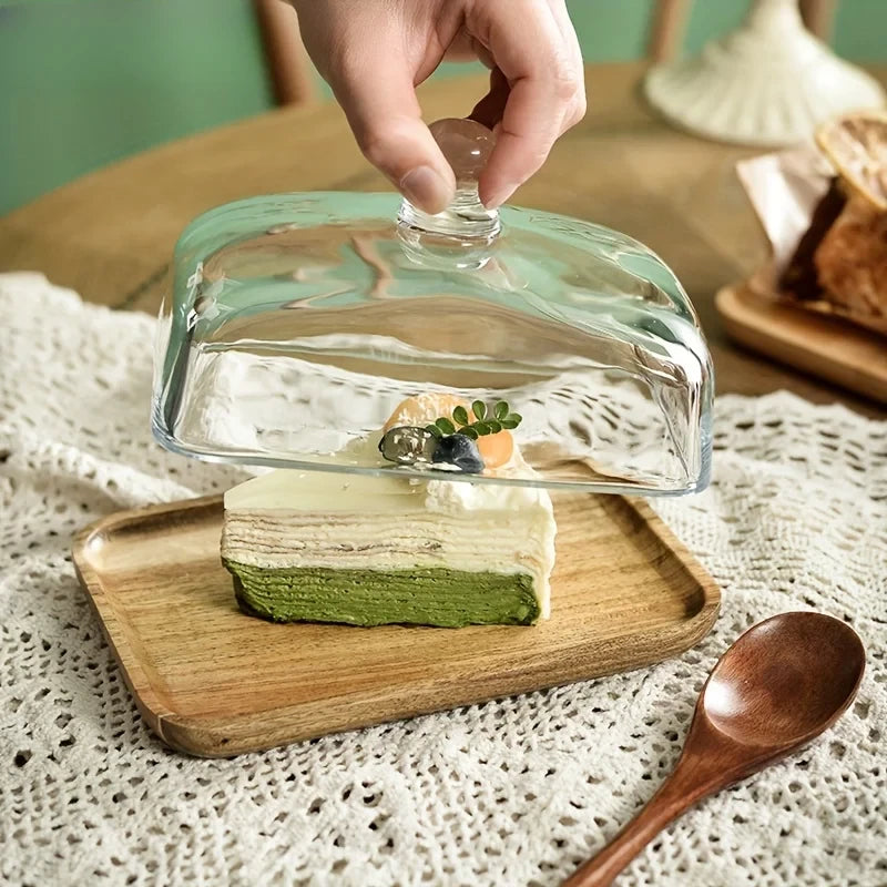 1 pieza Plato de madera para postres y pasteles con cubierta de vidrio, bandeja para servir, plato para restaurante, bandeja para queso, pudín, aperitivos y cocina
