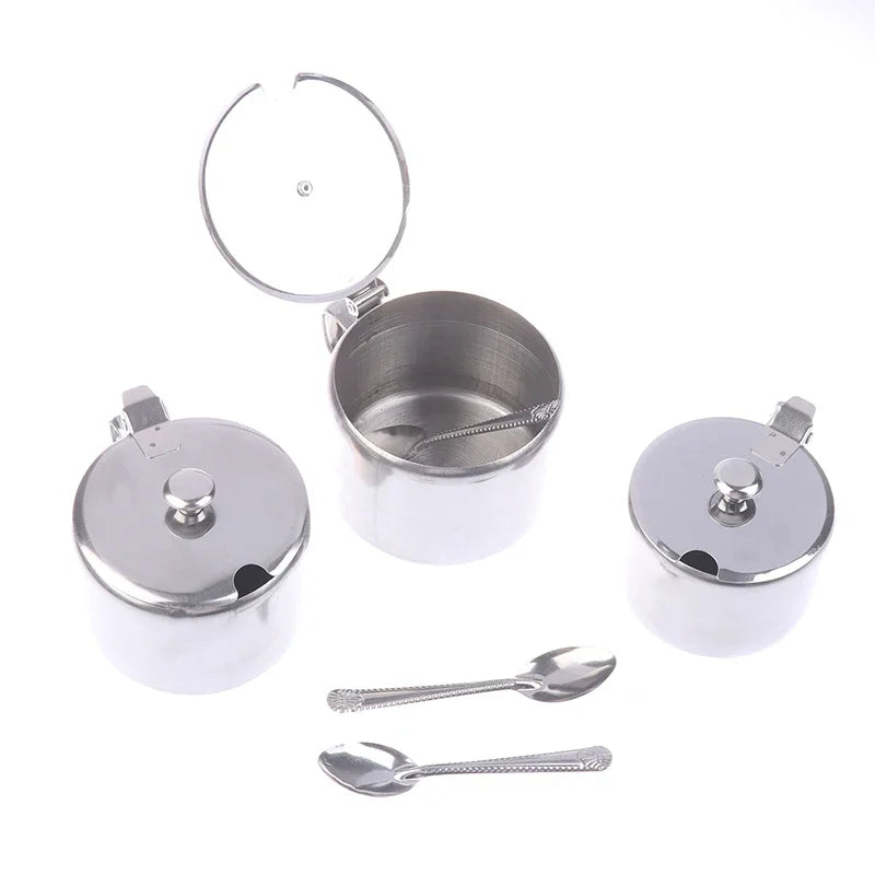 Azucarero práctico de acero inoxidable con tapa de asa y cuchara, recipiente para especias a prueba de polvo e impermeable para cocina y restaurante