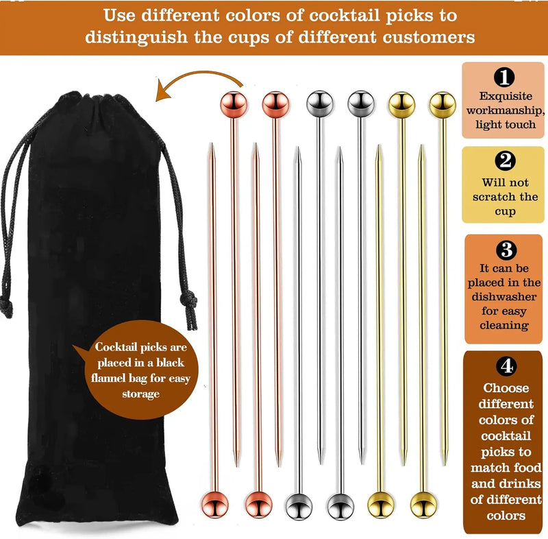 12 piezas de púas de cóctel de acero inoxidable, herramientas de bar, palitos para remover bebidas, decoración de bebidas, palitos de fruta reutilizables, púas de cóctel