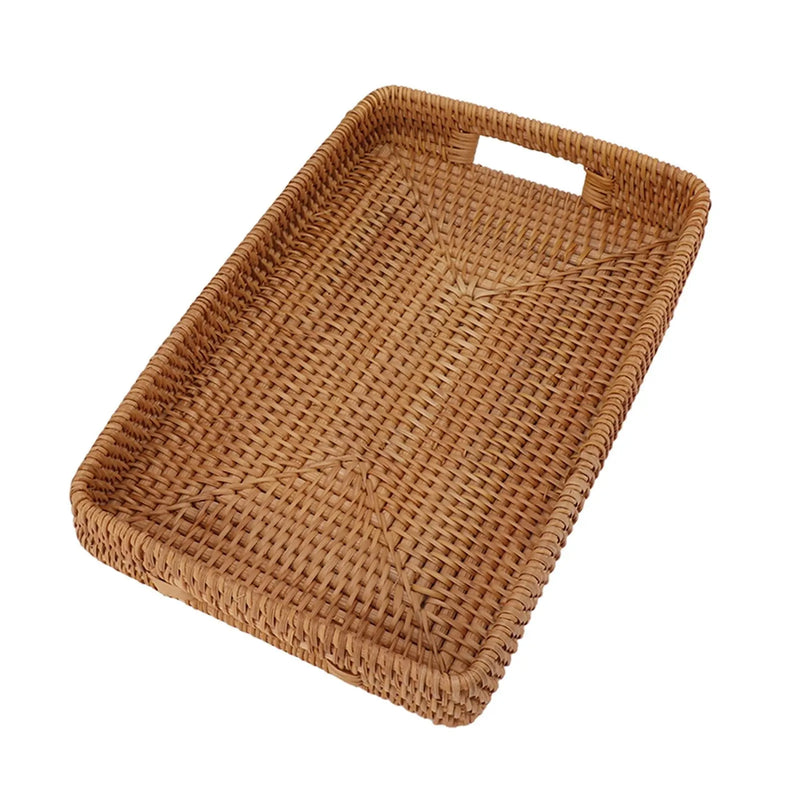 Bandeja de servicio con asas, cesta de ratán rectangular de gran capacidad, duradera y decorativa para frutas, postres, cocina y hogar