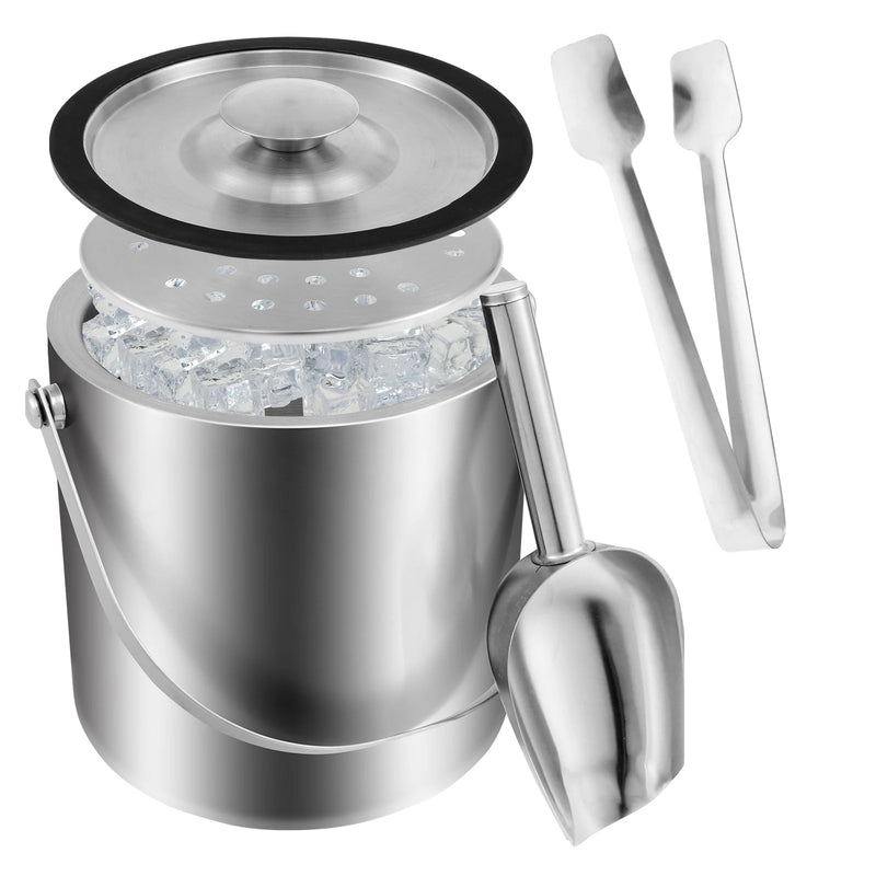 Cubo de hielo de 2L con asa, cubitera de doble pared aislada, recipiente de acero inoxidable para cubitos de hielo para fiestas en bares de cócteles