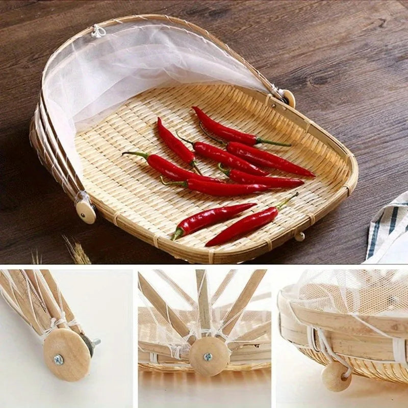 Cesta de servicio de bambú tejida a mano con cubierta de malla: tienda de campaña redonda para picnic para un almacenamiento libre de polvo, perfecta para picnics en interiores y exteriores