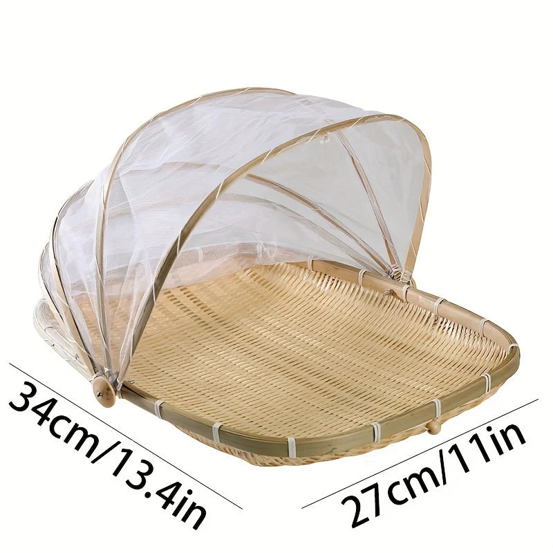 Cesta de servicio de bambú tejida a mano con cubierta de malla: tienda de campaña redonda para picnic para un almacenamiento libre de polvo, perfecta para picnics en interiores y exteriores