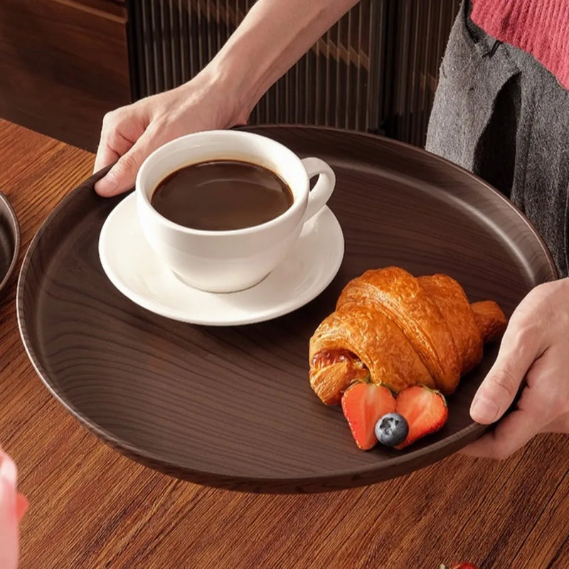 Bandeja de imitación de madera, nueva, de 20/26/32/38 cm, hecha a mano, forma redonda, bandeja de servir de imitación de madera, bandeja de plástico para comida, para servir el desayuno