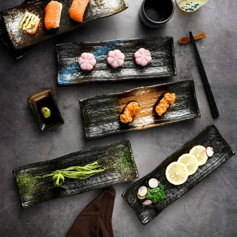 Plato de cerámica para barbacoa, carne, sushi, rayas negras, vajilla de cocina, cocina coreana, pescado saury, frutas, postres, plato para servir sushi