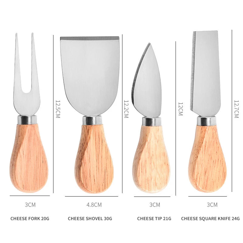 Juego de 4 cuchillos para queso de acero inoxidable con mango de madera, cortador de queso y mantequilla, espátula para mermelada y crema, cuchillo para pizza, juego de utensilios de cocina