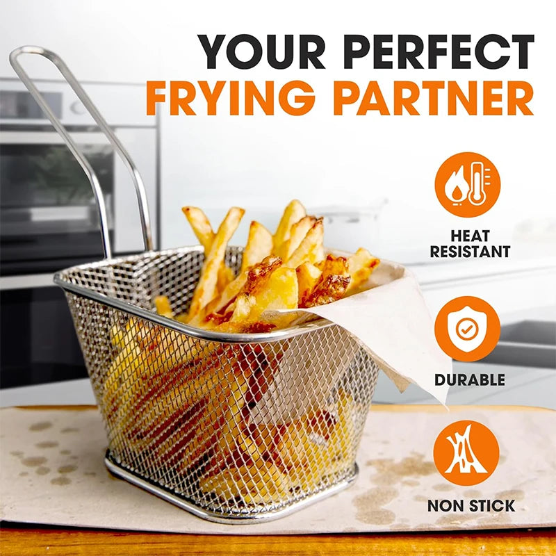 4 cestas de freír cuadradas mini de acero inoxidable, cestas para servir alimentos fritos con mango para aros de cebolla y aperitivos