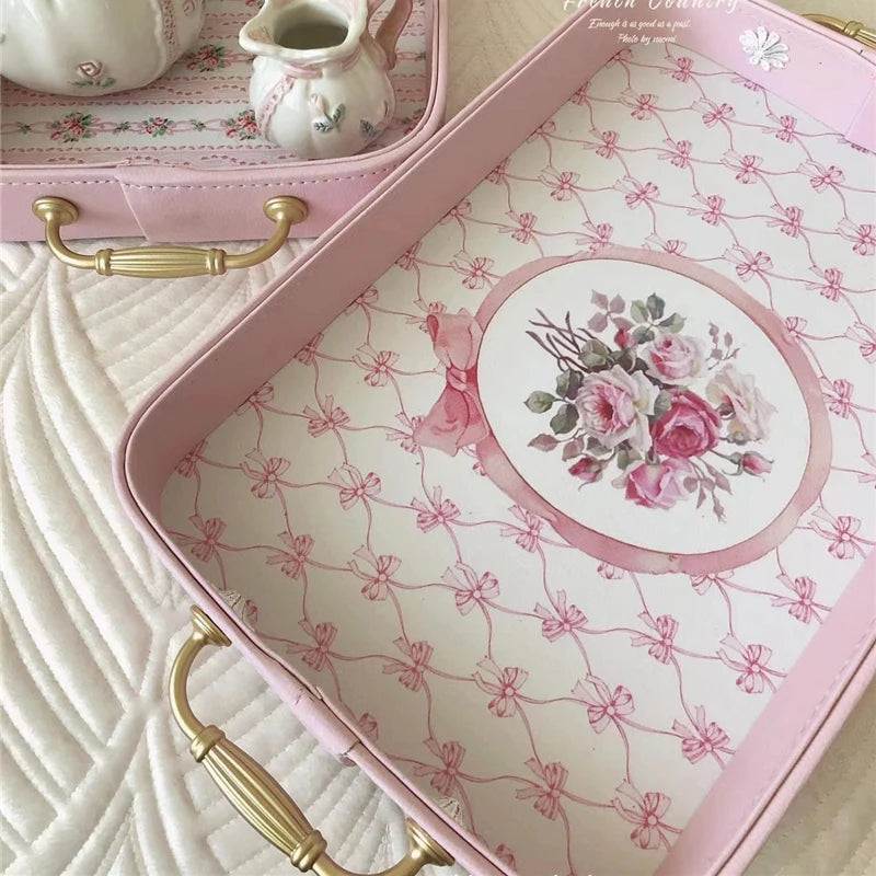Bandeja de almacenamiento de cuero vintage con asas de metal dorado, estilo europeo exquisito, bandeja decorativa rosa, plato rectangular para pasteles, accesorios para fotografía.