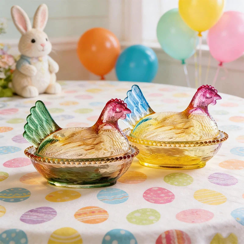Plato de cristal, azucarero de cristal con tapa en forma de gallina, frutero, plato para postres y aperitivos, cuenco retro.