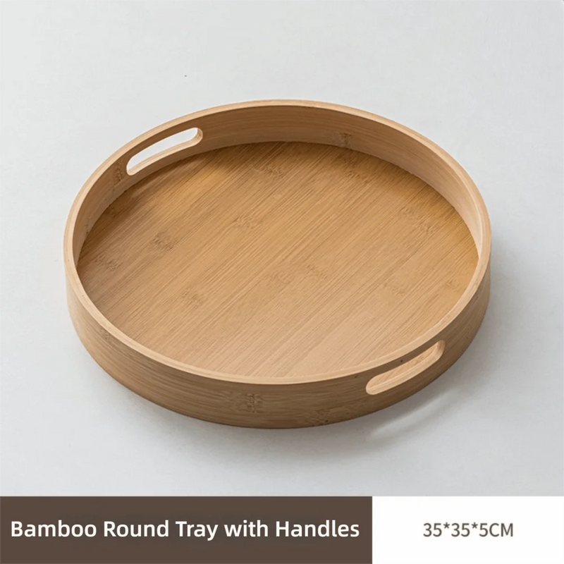 Nueva bandeja redonda de madera con asas para té y comida, 25/30/35/40 cm, bandeja de servicio para desayuno y cena