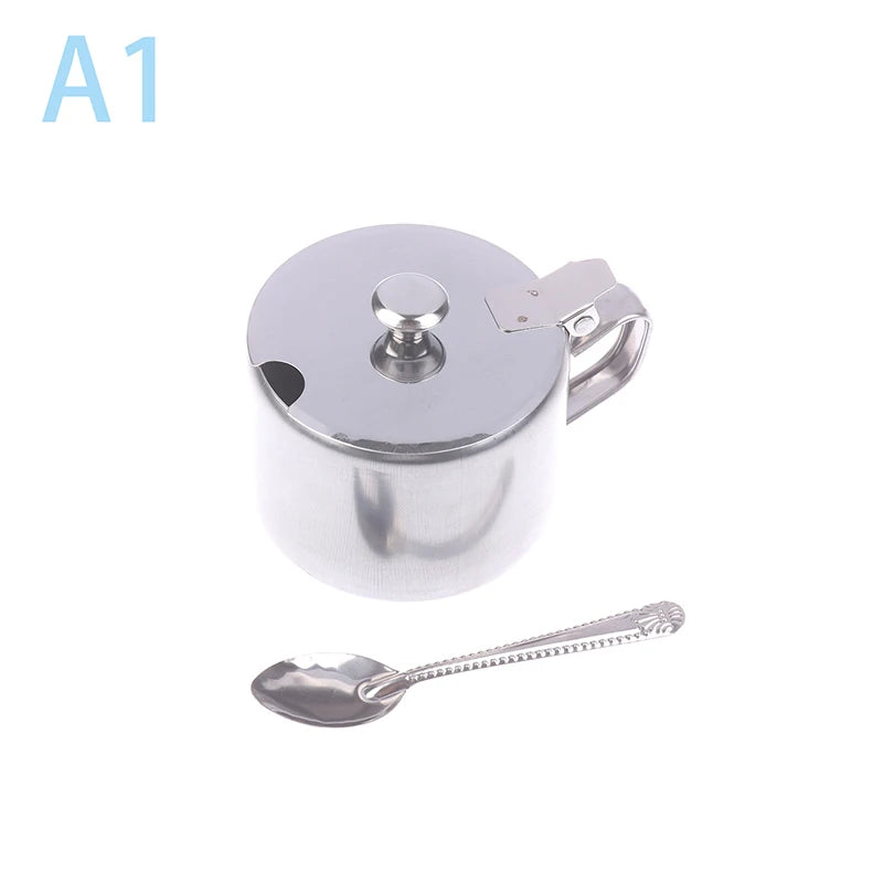 Azucarero práctico de acero inoxidable con tapa de asa y cuchara, recipiente para especias a prueba de polvo e impermeable para cocina y restaurante