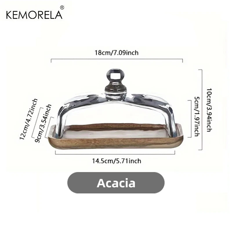 1 pieza Plato de madera para postres y pasteles con cubierta de vidrio, bandeja para servir, plato para restaurante, bandeja para queso, pudín, aperitivos y cocina