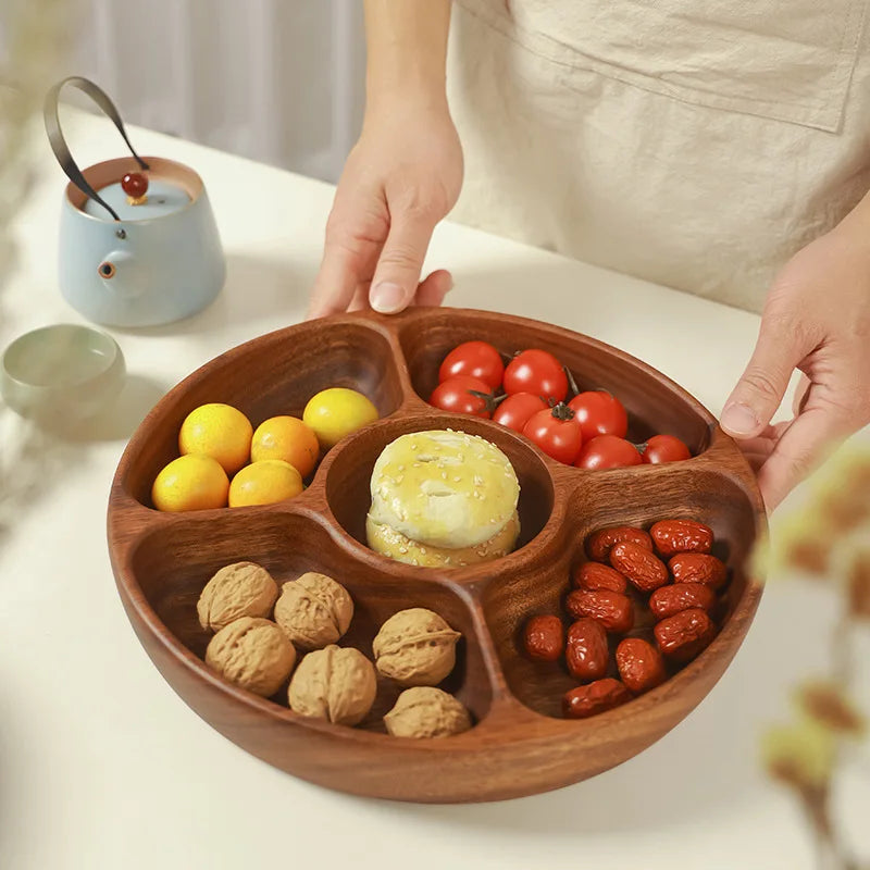 Bandeja redonda de madera con compartimentos HeMu para aperitivos, frutos secos, frutas, galletas y bocadillos, plato rústico de 5 compartimentos para cocina