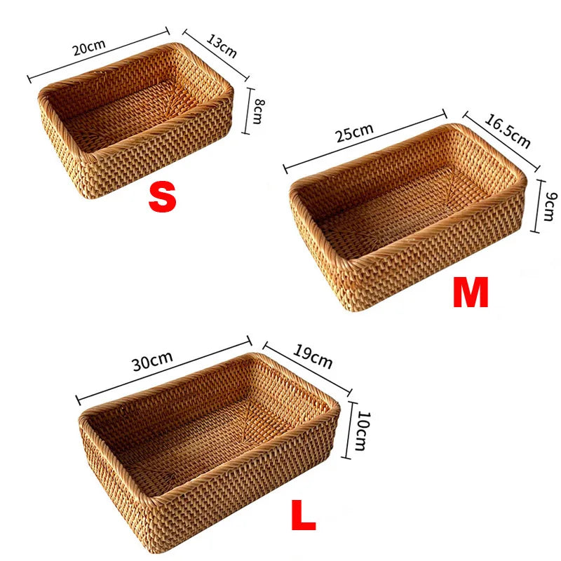 Cesta organizadora tejida a mano, cesta de mimbre, cesta rectangular de ratán, bandeja de almacenamiento, cesta para pan, frutas, picnic, caja de almacenamiento de cosméticos