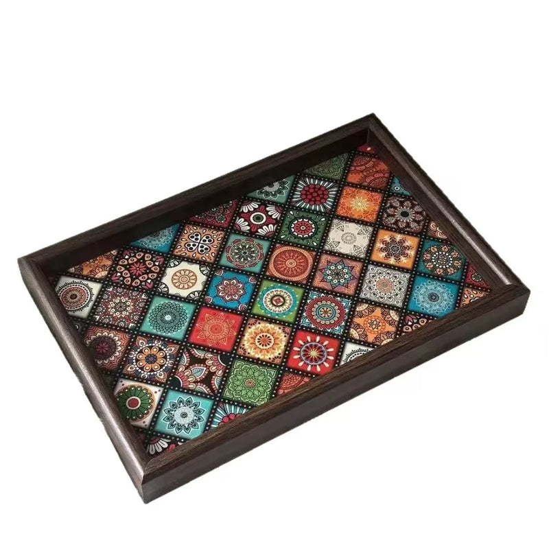 Bandeja de madera de estilo bohemio duradera, bandeja cuadrada hecha a mano para aperitivos de 30x20 cm, caja de almacenamiento para llaves, decoración de escritorio, recibidor y hogar