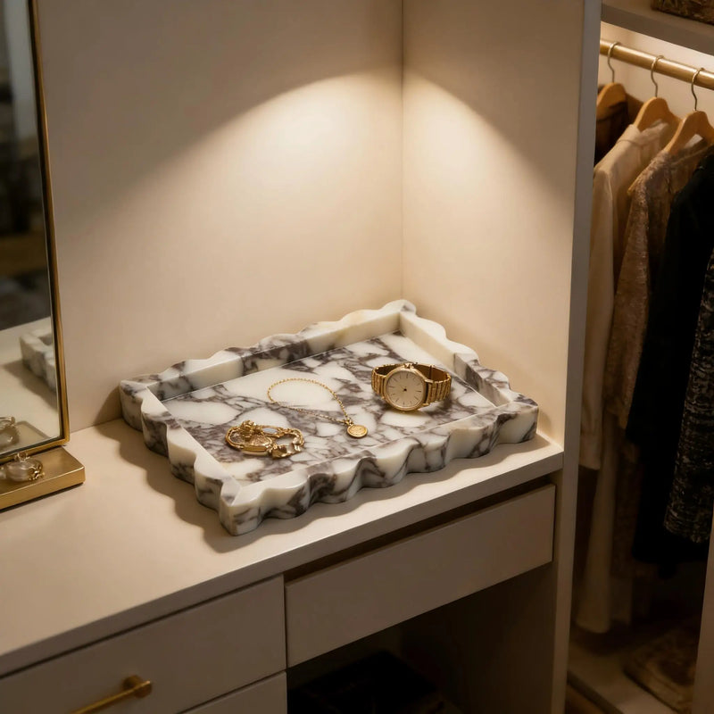 Bandeja de mármol decorativa para tocador, rectangular con borde festoneado, organizador de joyas y decoración para el hogar de piedra Calacatta Viola