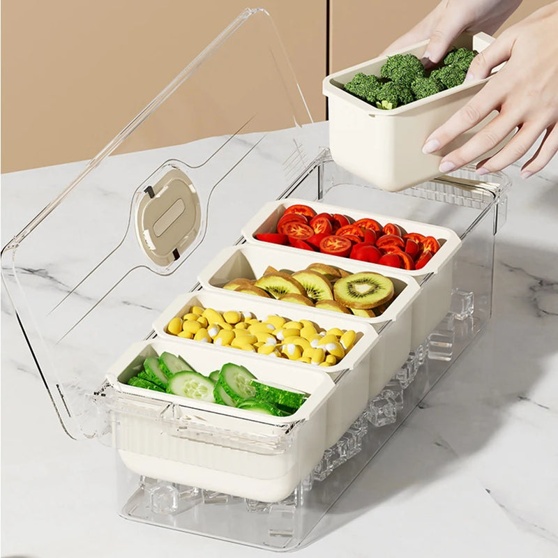 Organizador de condimentos refrigerado con 5 recipientes, servidor de frutas con tapas, bandeja para servir con compartimentos extraíbles