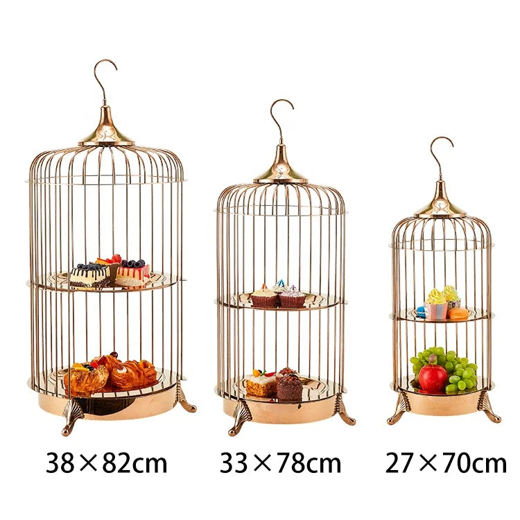 Expositor de postres para catering, té de la tarde, bufé dorado, jaula para pájaros, estante para presentación de comida