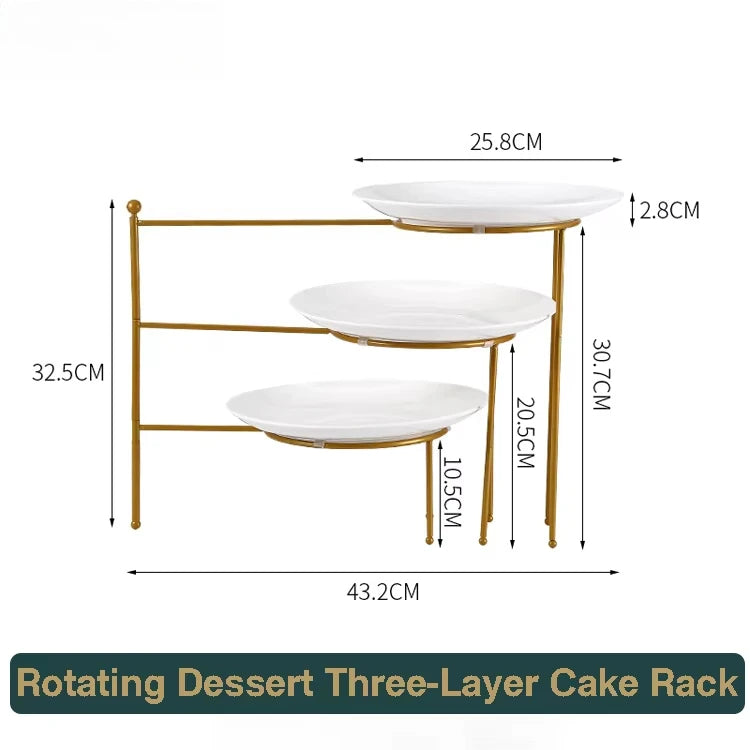 Présentoir Gâteau Rotatif 3 Étages Céramique Doré