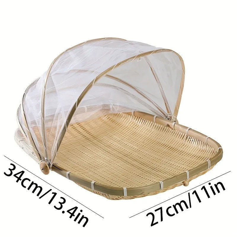 Cesta de servicio de bambú tejida a mano con cubierta de malla: tienda de campaña redonda para picnic para un almacenamiento libre de polvo, perfecta para picnics en interiores y exteriores