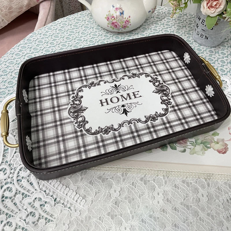 Bandeja de almacenamiento de cuero vintage con asas de metal dorado, estilo europeo exquisito, bandeja decorativa rosa, plato rectangular para pasteles, accesorios para fotografía.