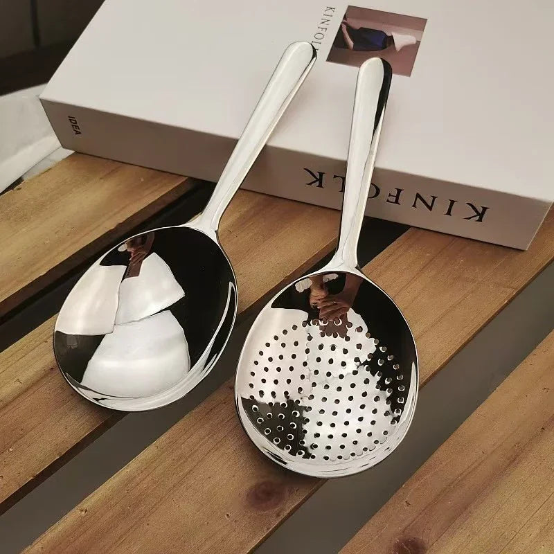 Cuchara de servir de acero inoxidable nueva para uso público en restaurantes, cucharón grande para filtrar sopa y arroz, juego de utensilios de cocina en tono plateado