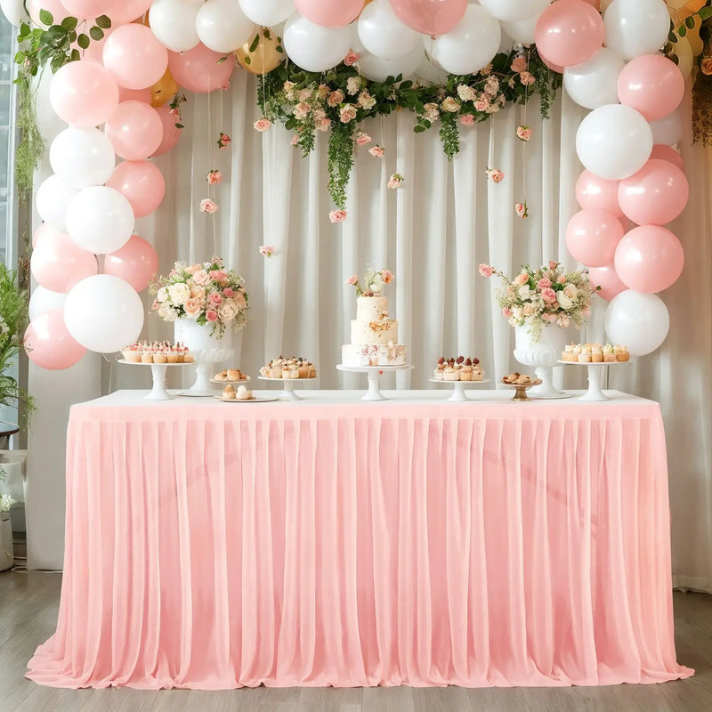 Falda de mesa de tul para mesa rectangular de 14 pies, falda de mesa con volantes semitransparente para decoración de manteles en banquetes, fiestas y bodas