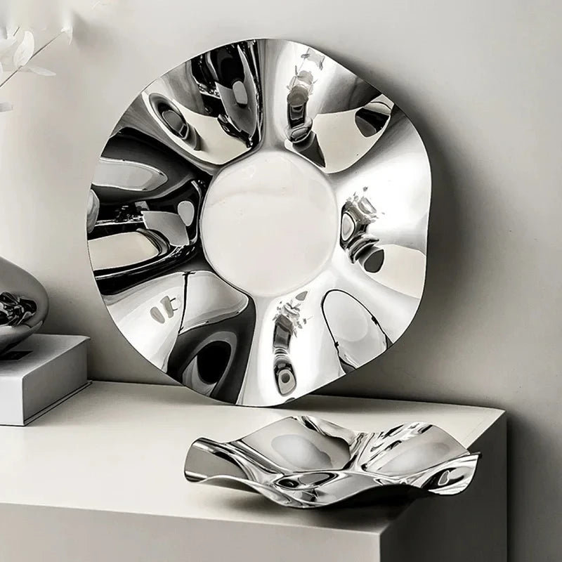 Plateau de service inox ondulé miroir avec verres à boire