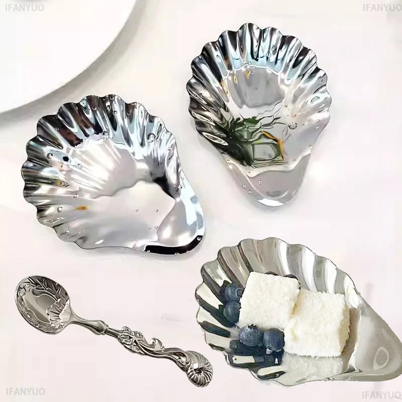 Plato de acero inoxidable con forma de concha para postres, queso, té, aperitivos, frutas, vajilla, almacenamiento de joyas o decoración de mesa
