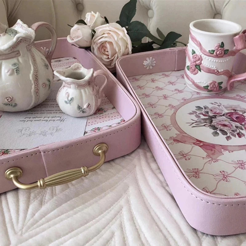 Bandeja de almacenamiento de cuero vintage con asas de metal dorado, estilo europeo exquisito, bandeja decorativa rosa, plato rectangular para pasteles, accesorios para fotografía.