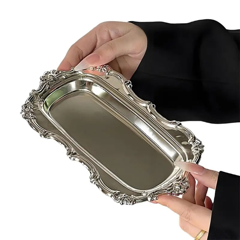 A95I-Bandeja de servir vintage de acero inoxidable repujado para postres, almacenamiento de joyas, plato de aperitivos para decoración de mesa de comedor