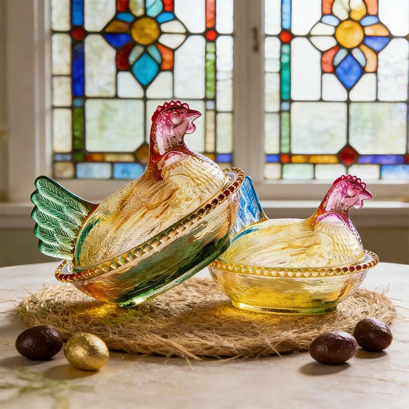 Plato de cristal, azucarero de cristal con tapa en forma de gallina, frutero, plato para postres y aperitivos, cuenco retro.