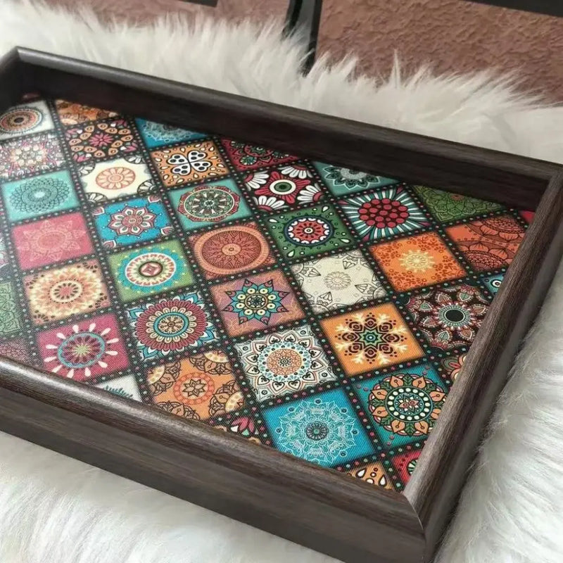 Bandeja de madera de estilo bohemio duradera, bandeja cuadrada hecha a mano para aperitivos de 30x20 cm, caja de almacenamiento para llaves, decoración de escritorio, recibidor y hogar