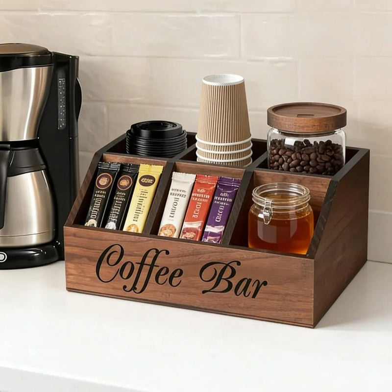Organizador de café de madera con 5 compartimentos, caja de almacenamiento rústica para encimera para cápsulas de café, tazas y cucharas, decoración de cocina