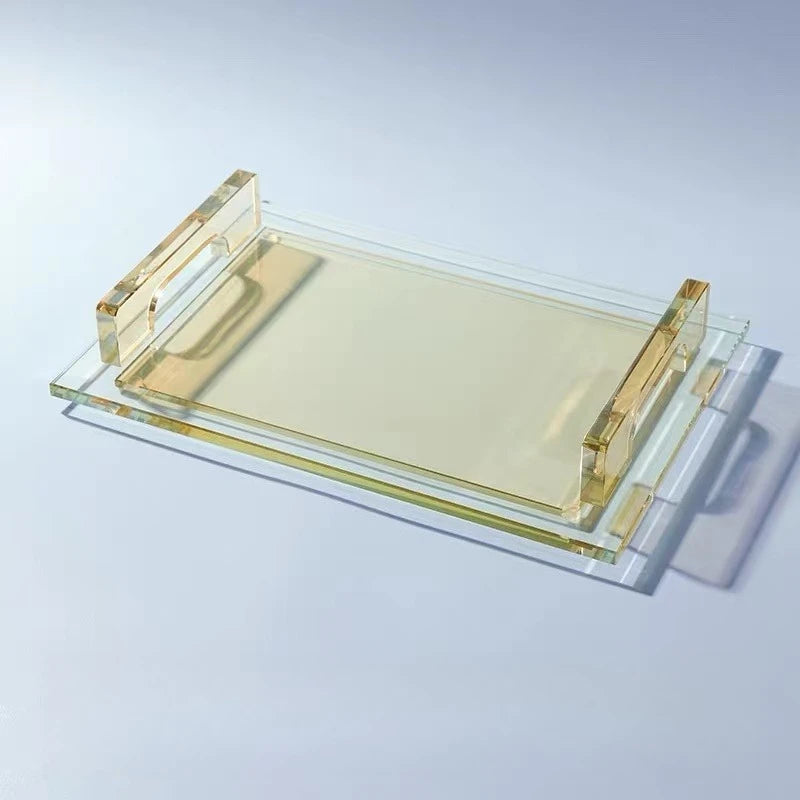 Bandeja de cristal con asa de lujo nórdico, bandejas de almacenamiento simples, plato para té, fruta, organizador de cocina para el hogar, bandejas decorativas